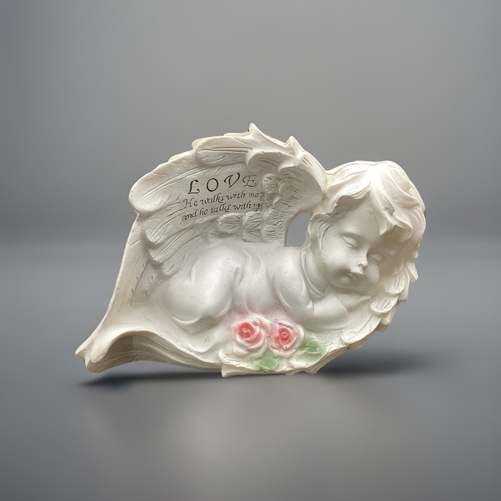 VTG Sleeping Cherub Figurine 4.75" "Love, He Walks With Me And He Talks With Me"